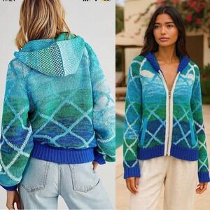 Free People Bali Bound blue ocean chunky sweater cardigan size XL‎ hooded boho